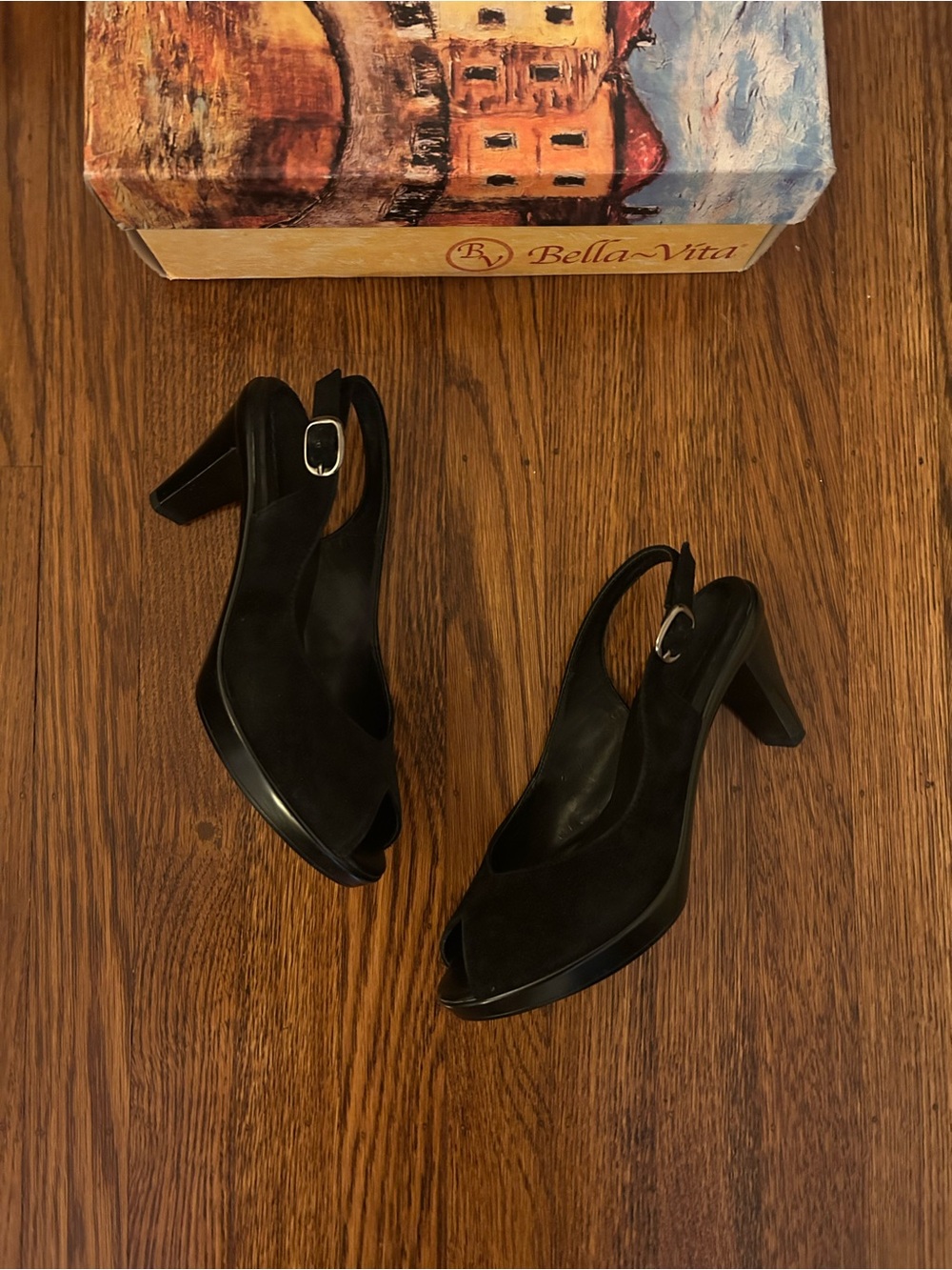 Bella Vita Black Suede Wren II Peep-Toe Slingback Heeled Shoe Women 7.5 Wide